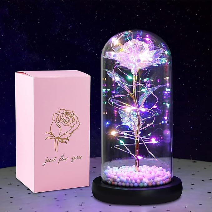 GLOVISTA'S Artificial Tulips in Crystal Box, Galaxy Glass Rose Flower with LED Light Great Gift Ideas for Valentine's Day